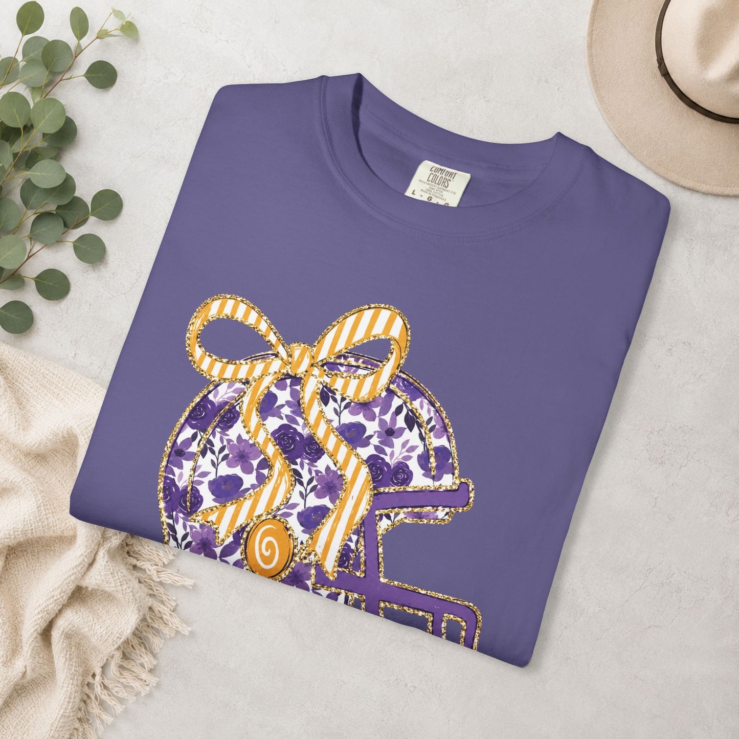 Purple & Gold Bow Football Helmet Comfort Colors® Tee