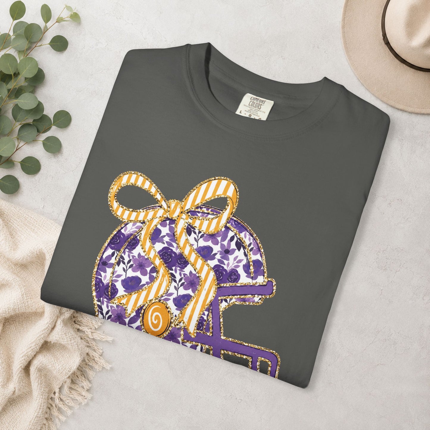 Purple & Gold Bow Football Helmet Comfort Colors® Tee