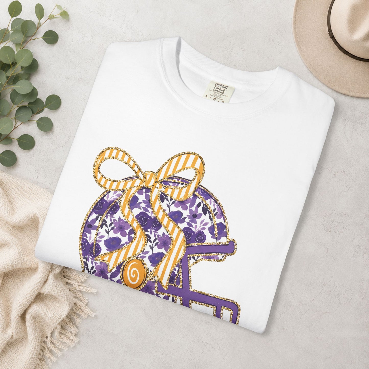 Purple & Gold Bow Football Helmet Comfort Colors® Tee