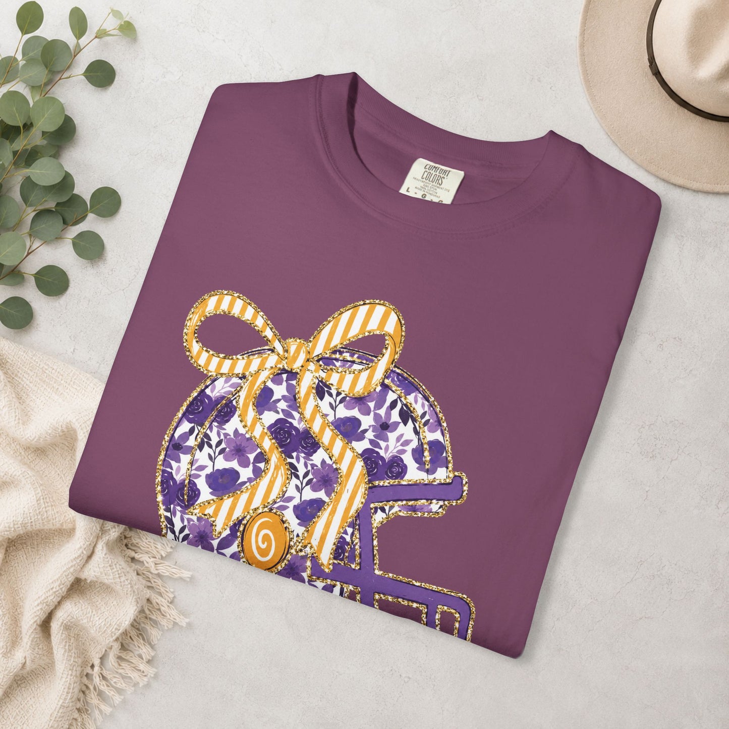Purple & Gold Bow Football Helmet Comfort Colors® Tee