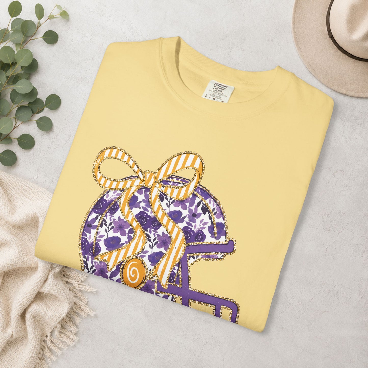 Purple & Gold Bow Football Helmet Comfort Colors® Tee