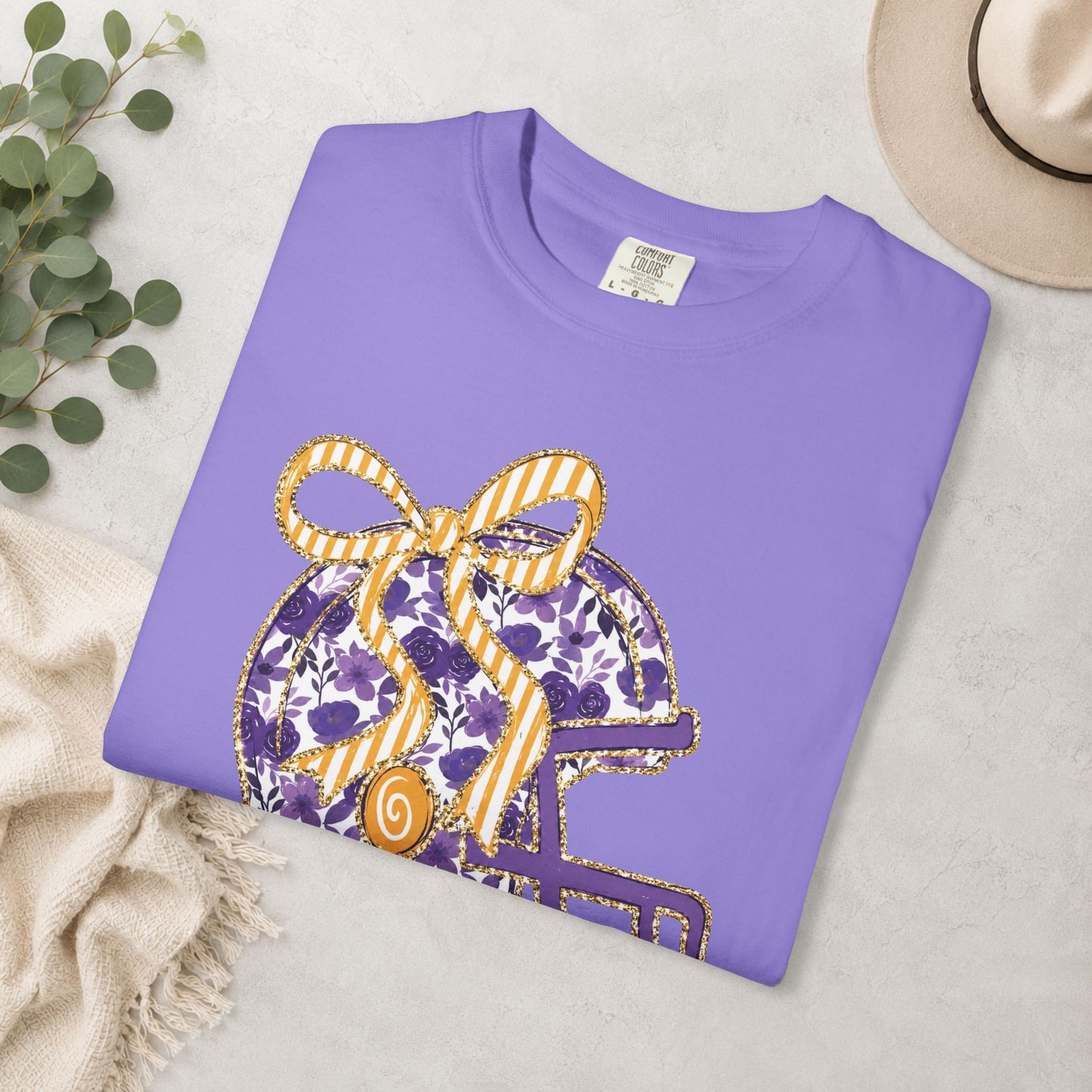 Purple & Gold Bow Football Helmet Comfort Colors® Tee