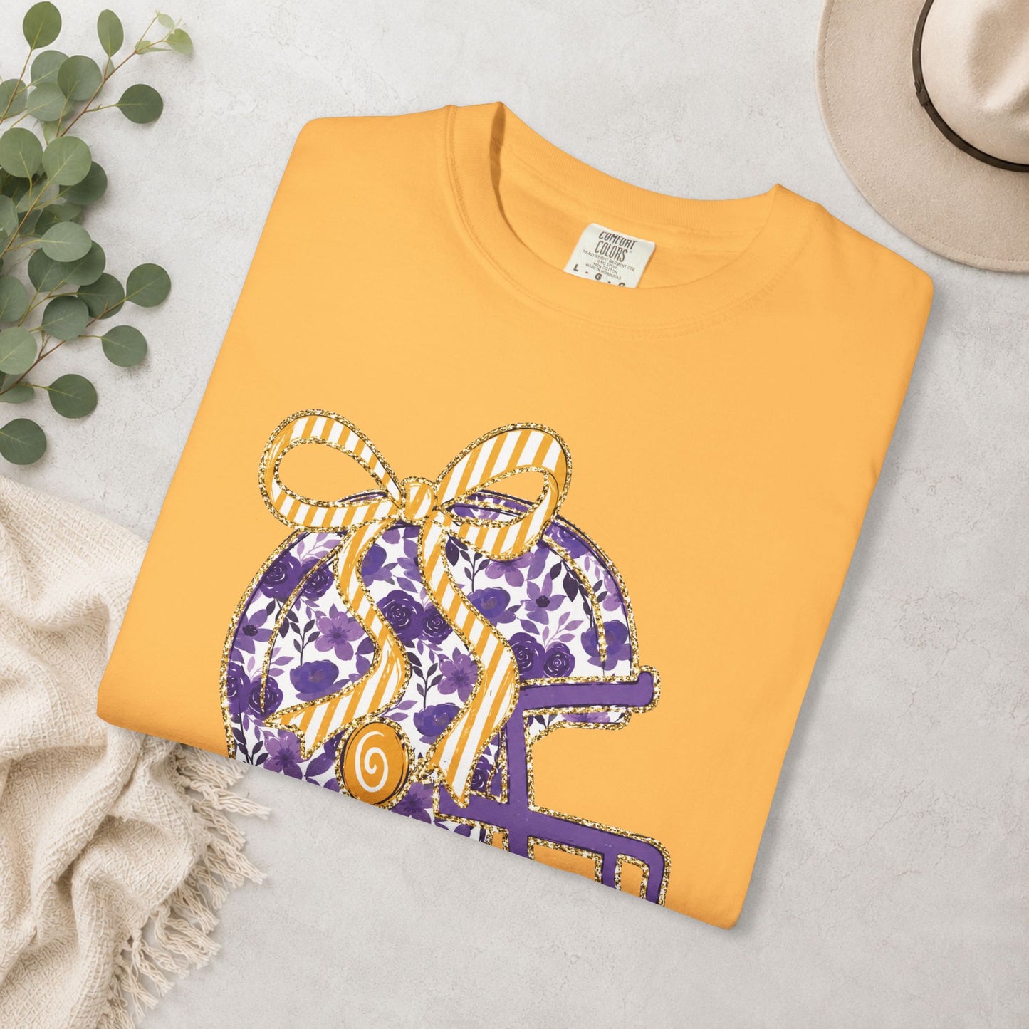 Purple & Gold Bow Football Helmet Comfort Colors® Tee