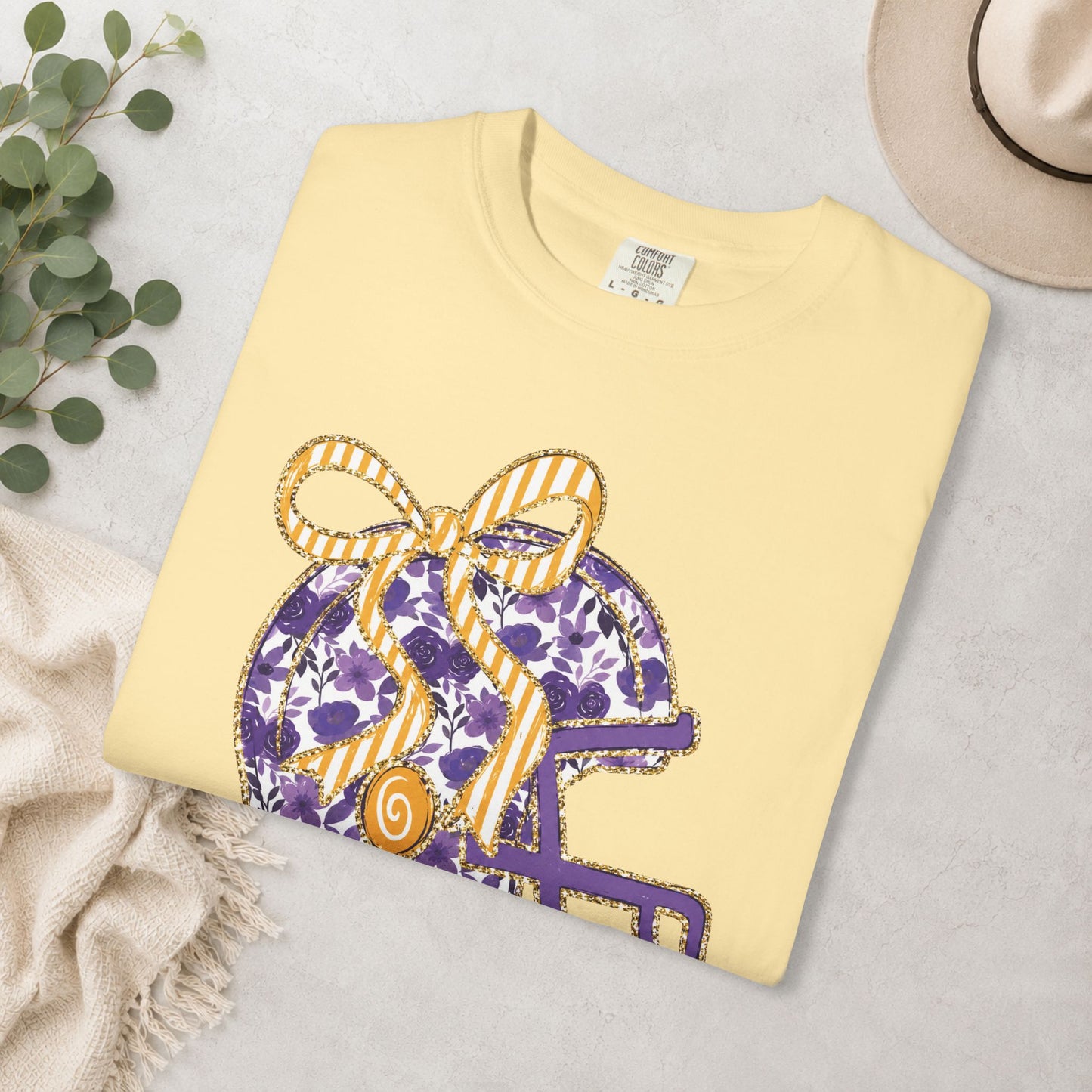 Purple & Gold Bow Football Helmet Comfort Colors® Tee
