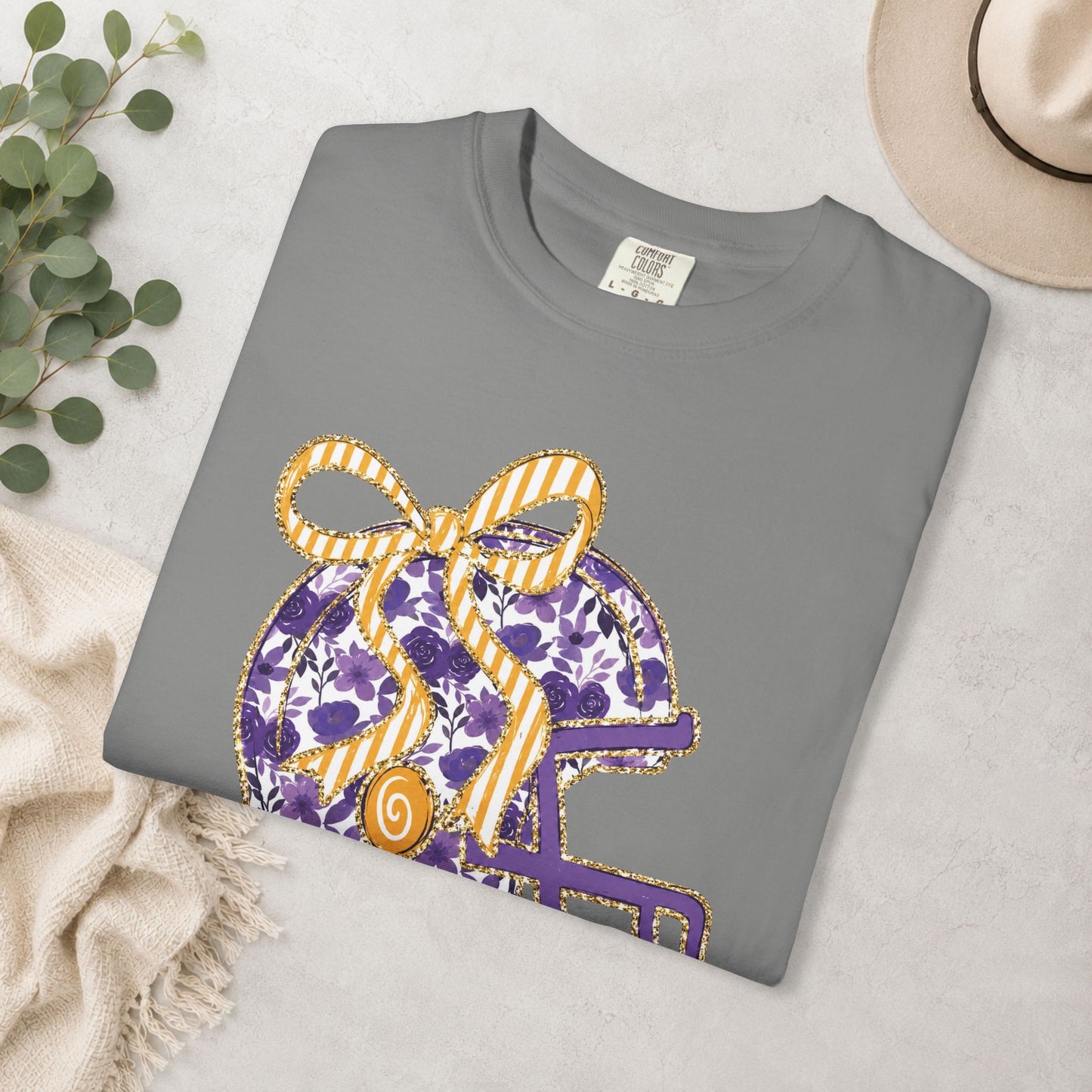 Purple & Gold Bow Football Helmet Comfort Colors® Tee