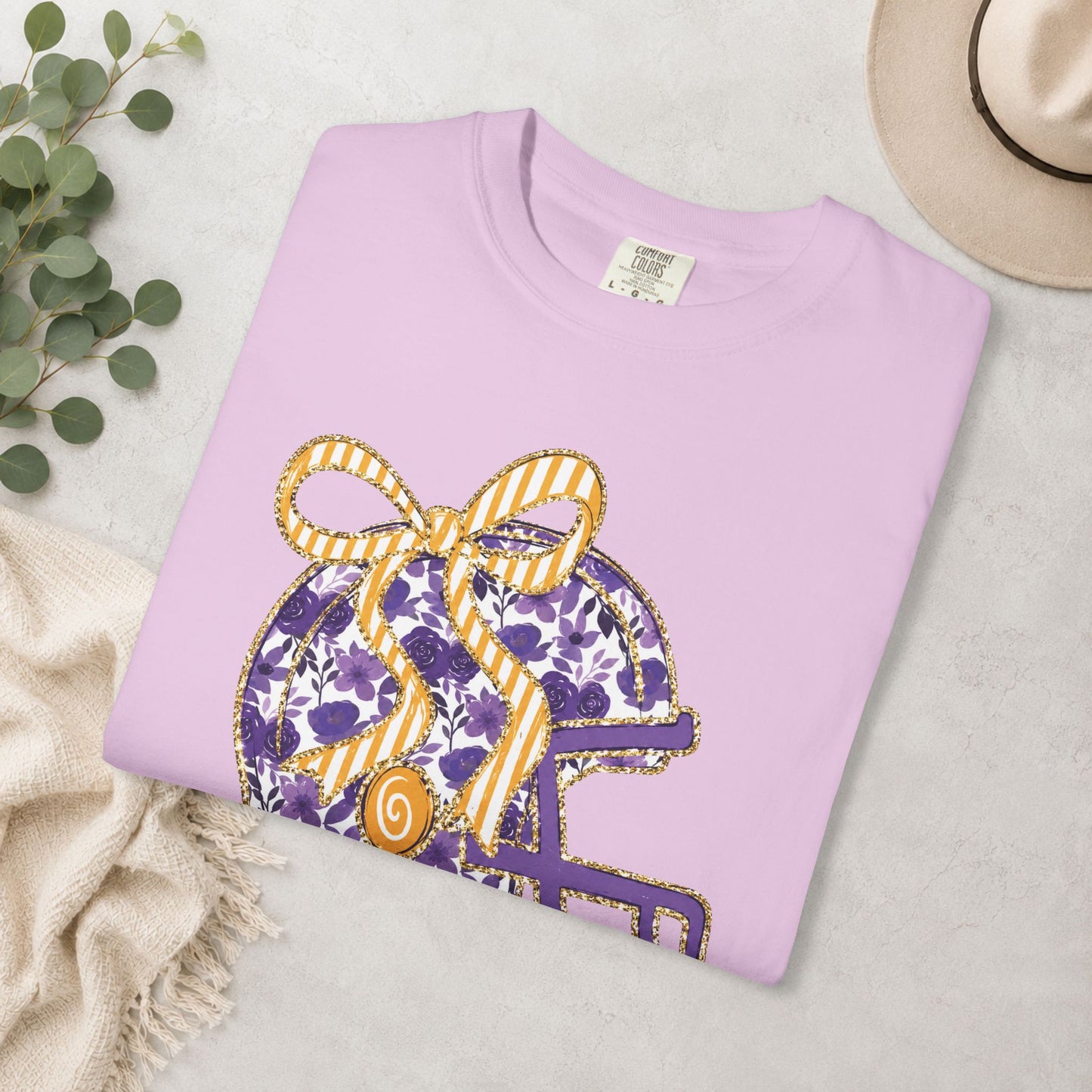 Purple & Gold Bow Football Helmet Comfort Colors® Tee