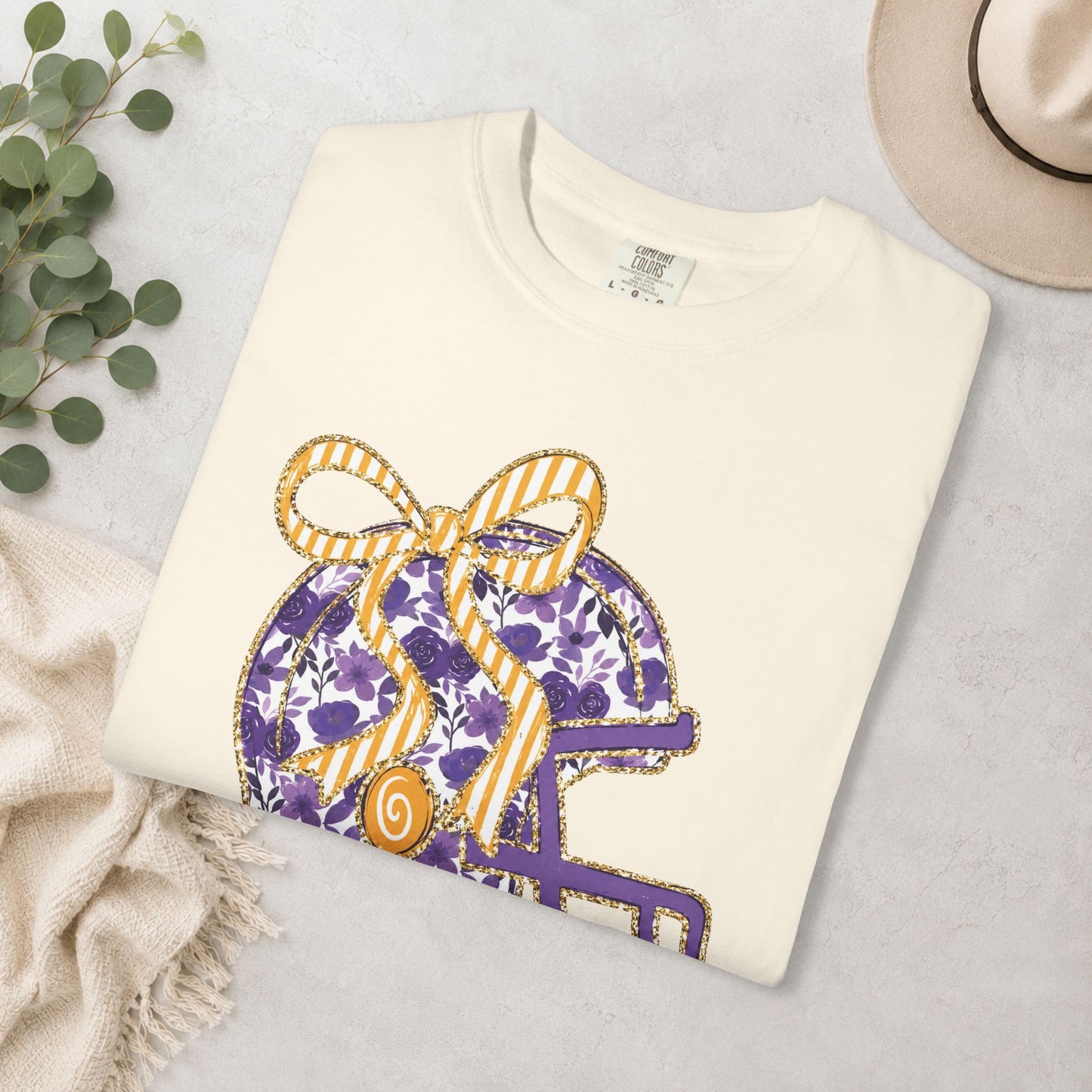 Purple & Gold Bow Football Helmet Comfort Colors® Tee