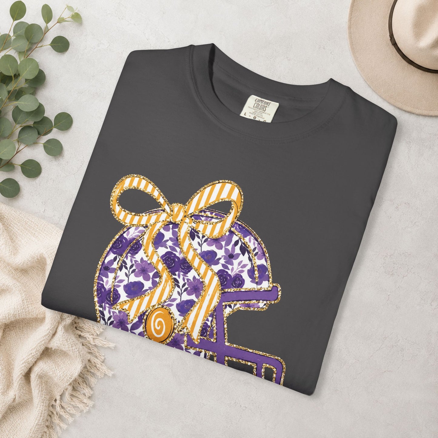 Purple & Gold Bow Football Helmet Comfort Colors® Tee