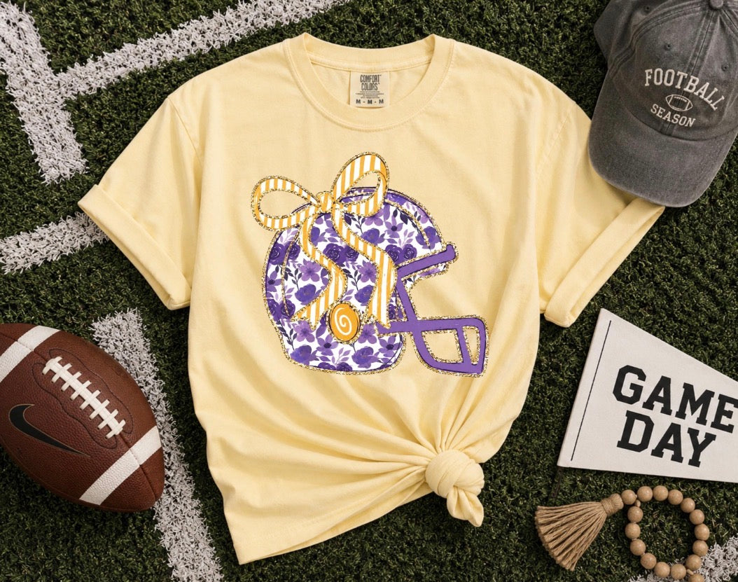 Purple & Gold Bow Football Helmet Comfort Colors® Tee