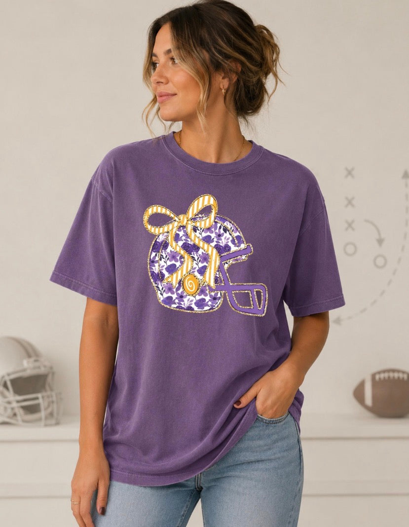Purple & Gold Bow Football Helmet Comfort Colors® Tee