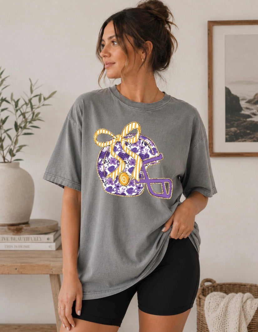 Purple & Gold Bow Football Helmet Comfort Colors® Tee