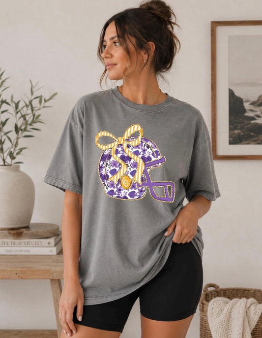 Purple & Gold Bow Football Helmet Comfort Colors® Tee